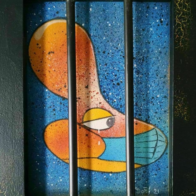 Canvas signed DOF 21 behind bars