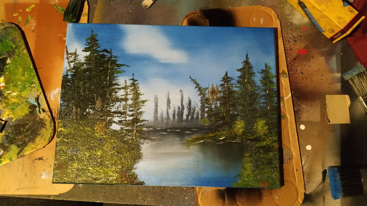 Oil painting of a lake with pines